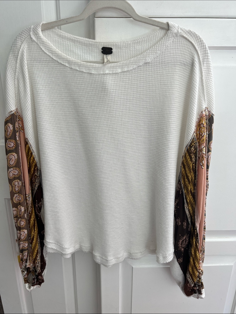 We The Free White Waffle Knit Women’s Top with Patterned Sleeve Panels